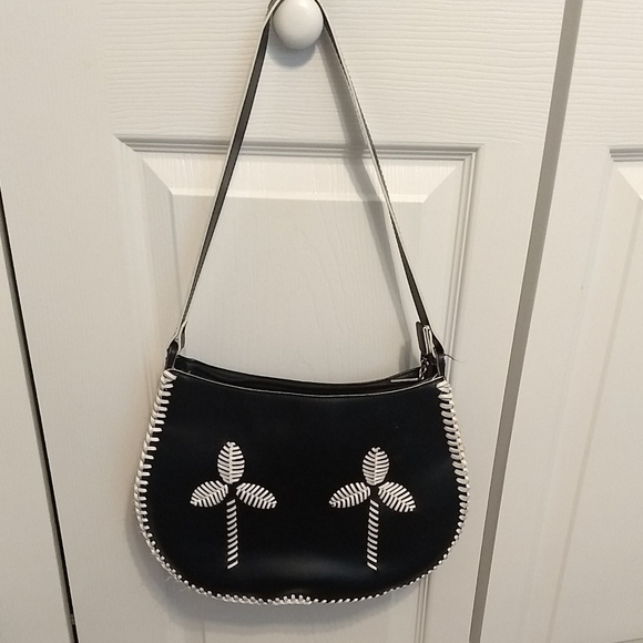 MX Womens Black White Quilted Faux Leather Satchel Shoulder Bag Palm Trees - Picture 1 of 6